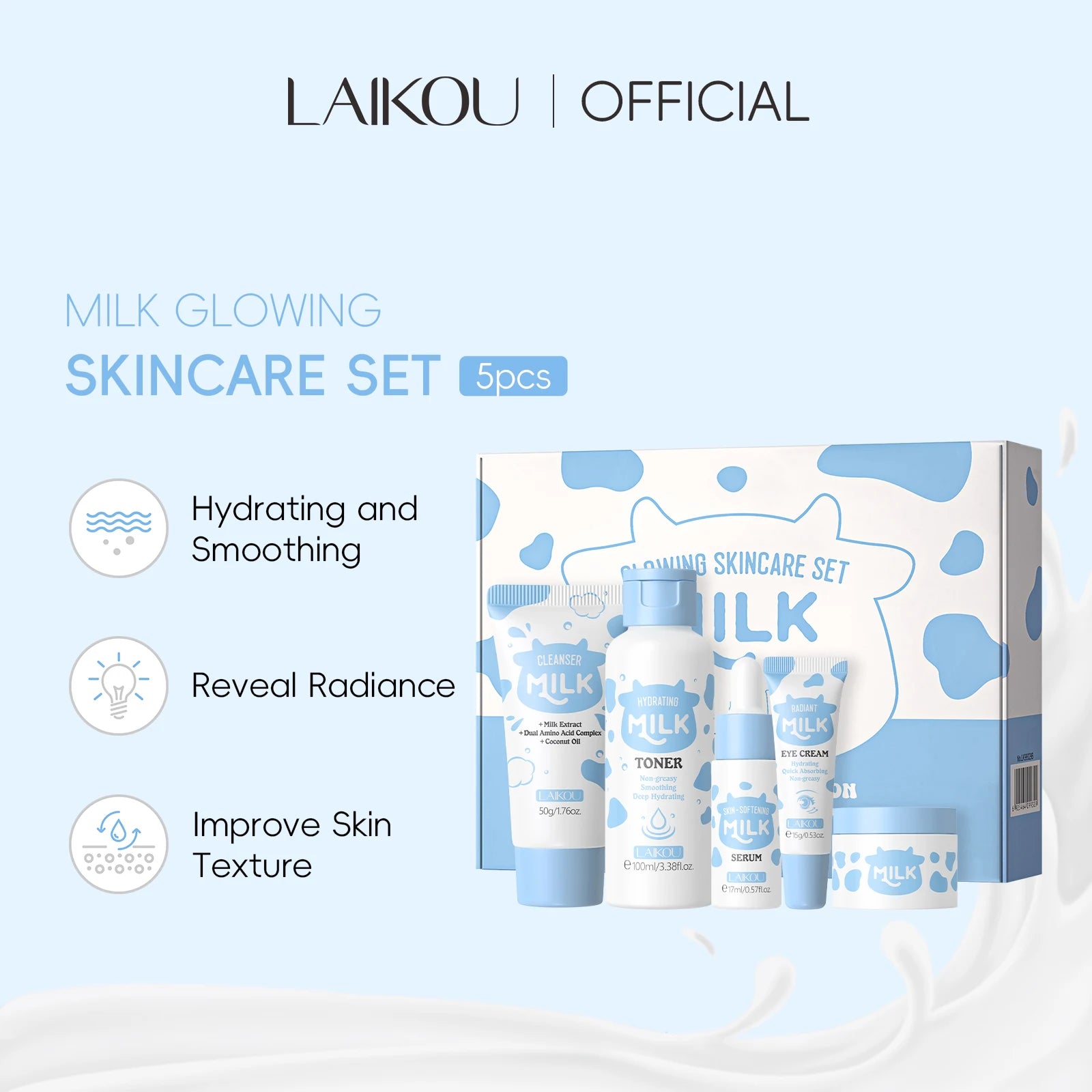 LAIKOU Milk Glowing Skincare Set – Hydrating & Brightening Ritual | Firming, Anti-Age, Complete Facial Care
