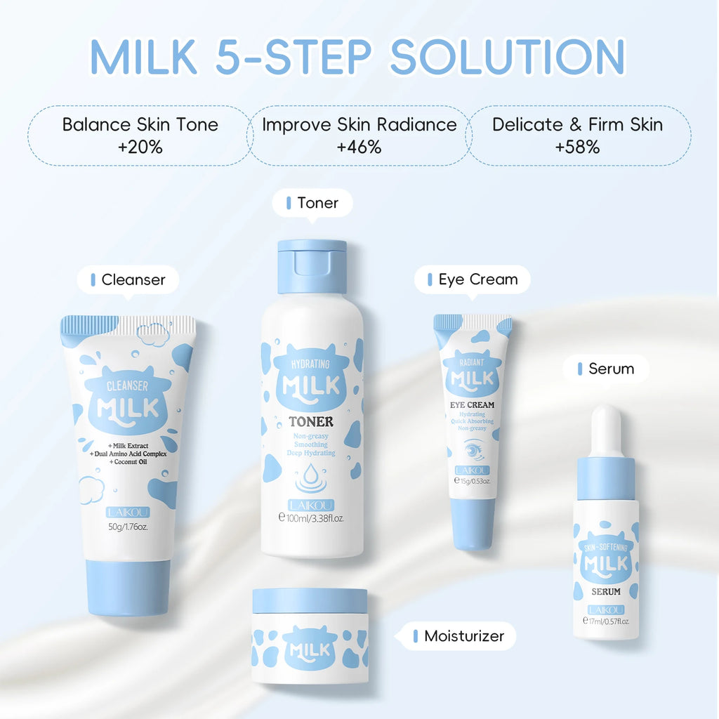 LAIKOU Milk Glowing Skincare Set – Hydrating & Brightening Ritual | Firming, Anti-Age, Complete Facial Care