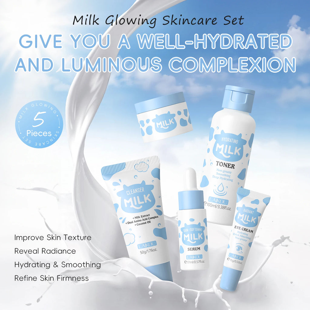 LAIKOU Milk Glowing Skincare Set – Hydrating & Brightening Ritual | Firming, Anti-Age, Complete Facial Care