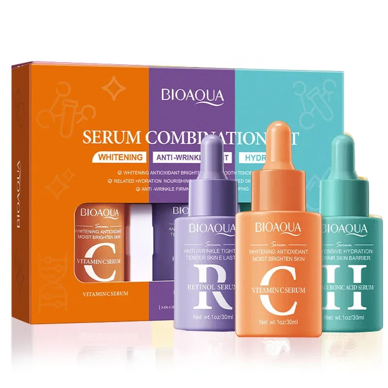 BIOAQUA Triple-Action Serum Set – Vitamin C, Retinol & Hyaluronic Care | Brightening, Anti-Wrinkle, Deep Hydration