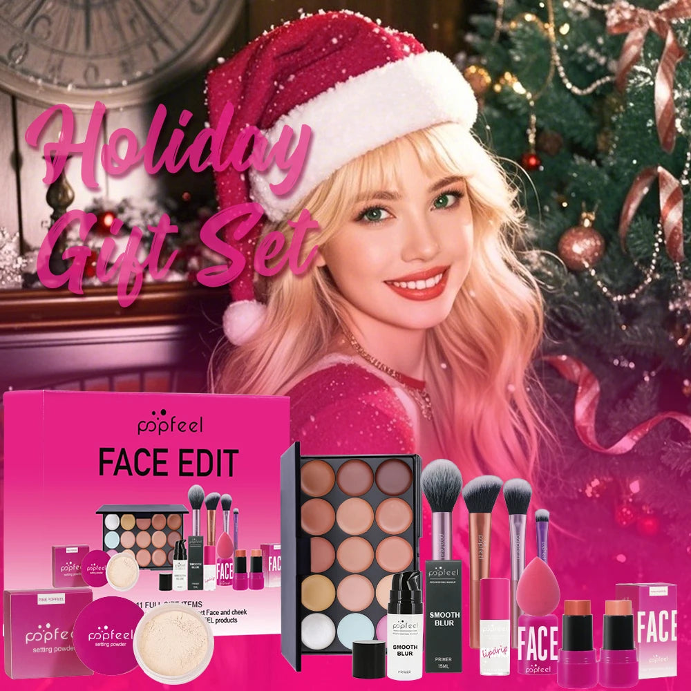 POPFEEL Holiday All-In-One Makeup Kit – Festive Beauty Collection | Eyeshadow Palette, Gloss & Lip Oil, Complete Seasonal Gift