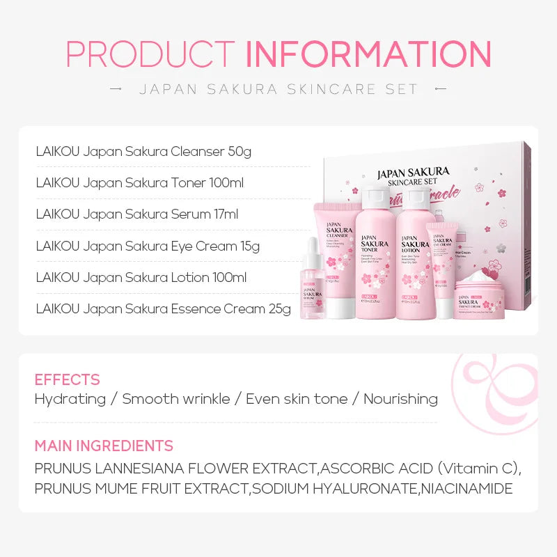LAIKOU Sakura Skincare Ritual – Hydrating & Softening Care | Cleanser, Toner, Serum, Lotion, Face Cream & Eye Cream