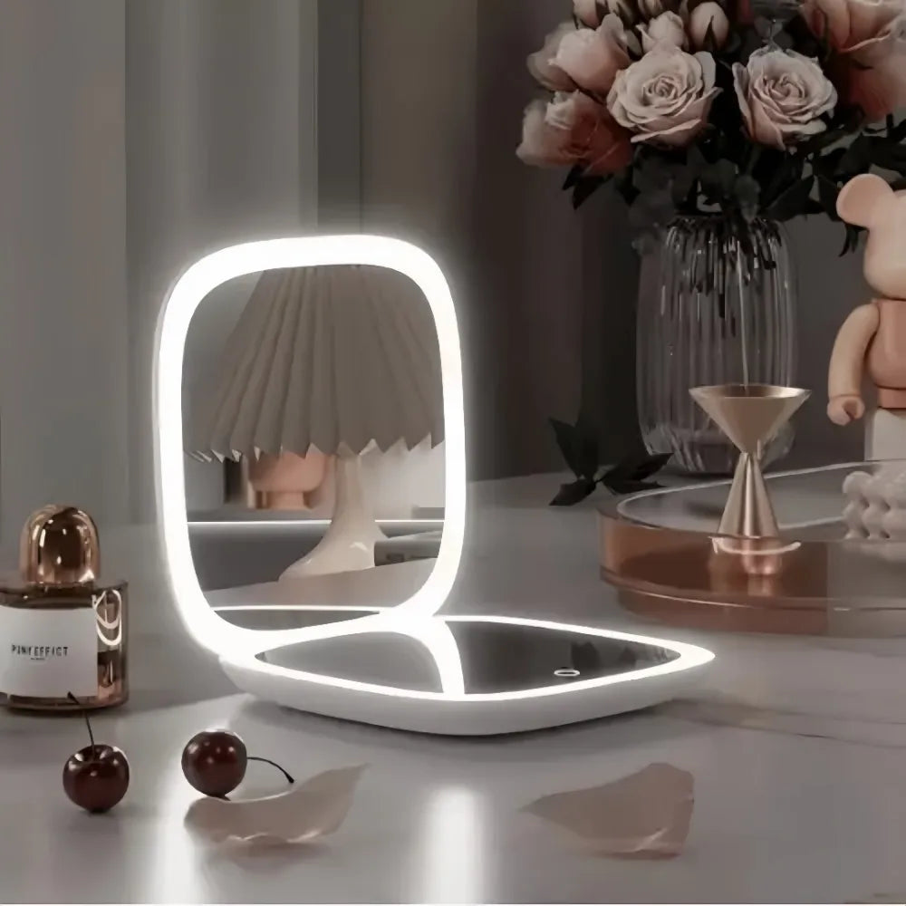 Double-Sided LED Makeup Mirror – Portable Illuminated Beauty Tool | 3× Magnification, USB Rechargeable Design, Adjustable Foldable Light